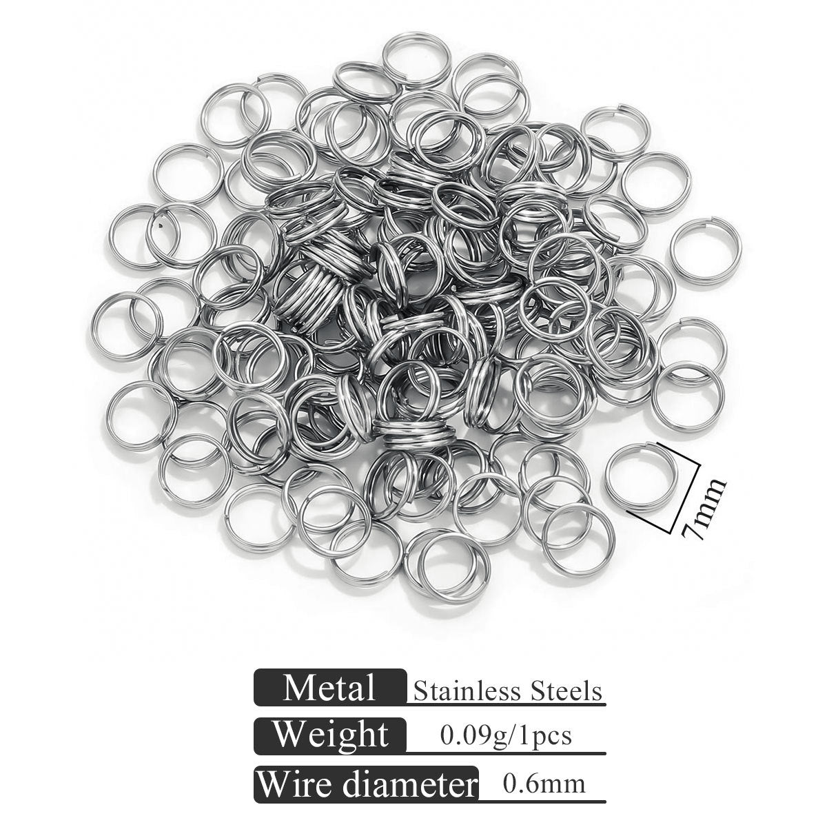 Small stainless steel jump rings scattered on white background with specification text