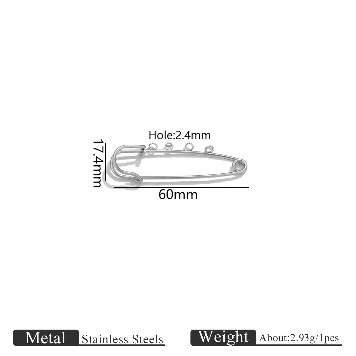 Stainless steel safety pin with 60mm length and 17.4mm height dimension markings on a white background
