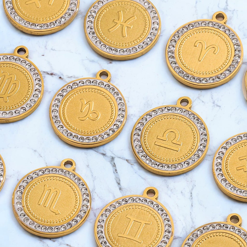 18K Gold-Plated Round Zodiac Constellation Pendant Charms – 12 Signs