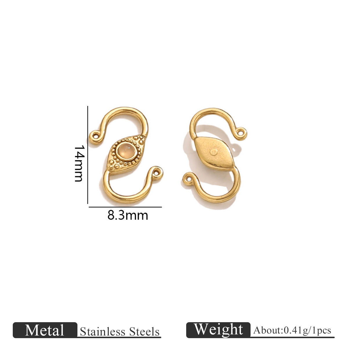 Gold stainless steel S-hook clasp with peach stone, front and back views with 14mm by 8.3mm dimensions