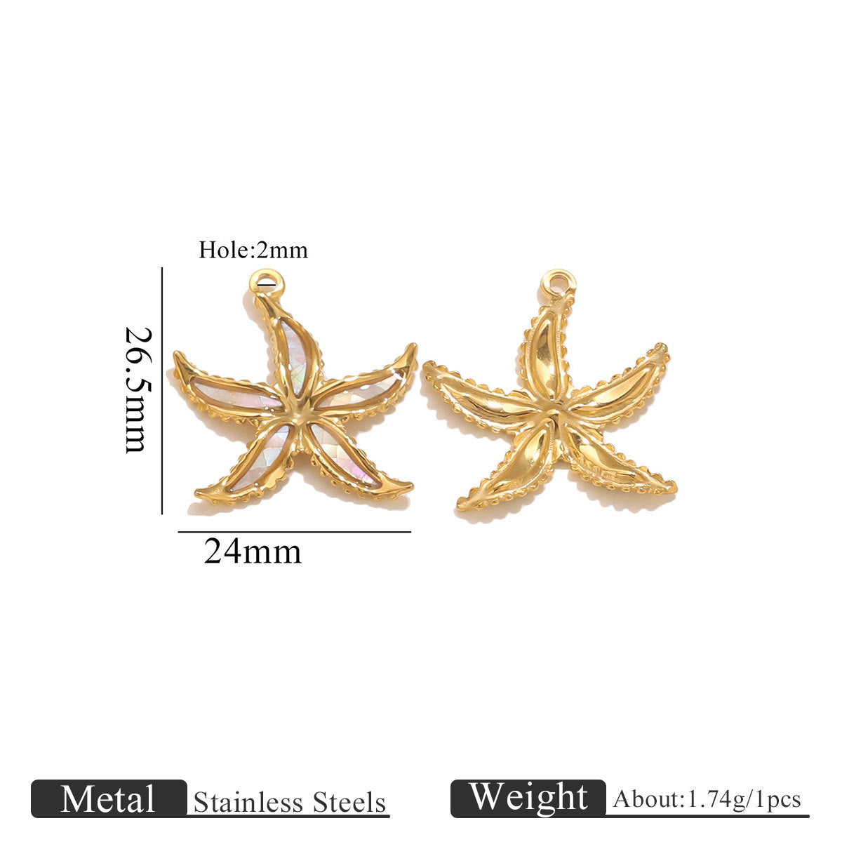 Gold starfish-shaped pendants with measurements on a white background