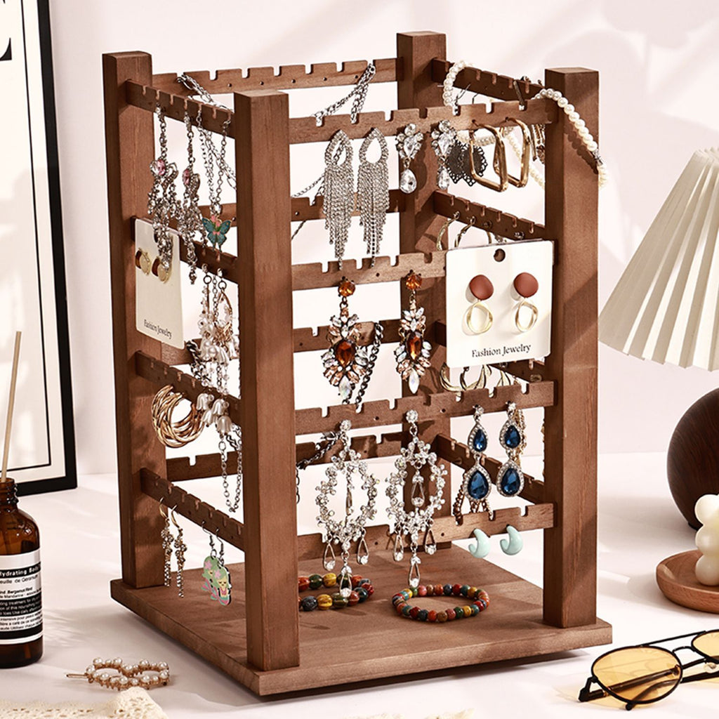 Vintage Walnut-Color Wooden Jewelry Display Rack – Four-Sided Multi-Tier Jewelry Organizer for Earrings, Bracelets & Retail Displays