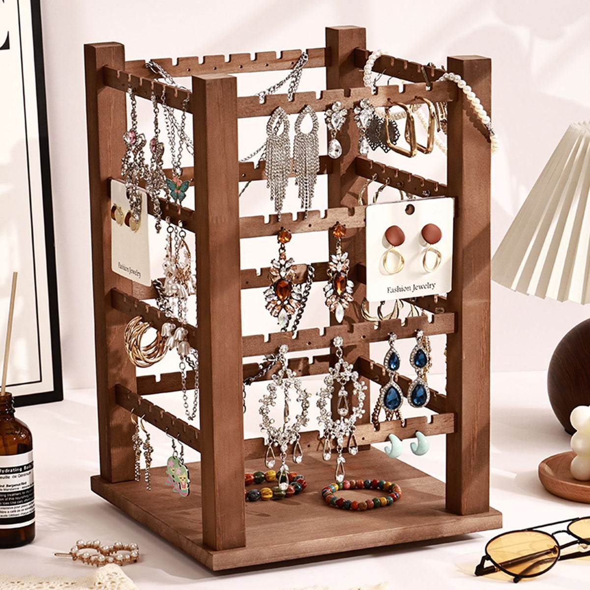 Vintage Walnut-Color Wooden Jewelry Display Rack – Four-Sided Multi-Tier Jewelry Organizer for Earrings, Bracelets & Retail Displays