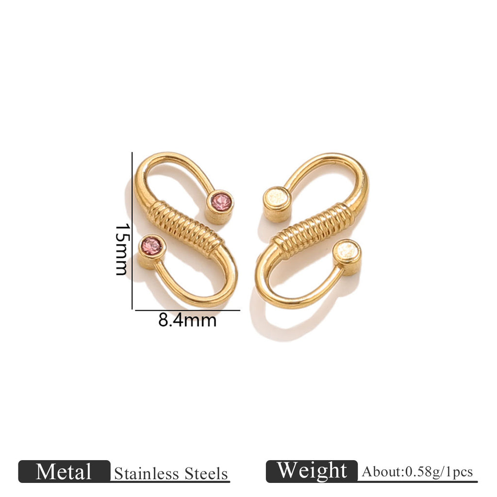 Two gold stainless steel S-hook clasps with pink and white stones, 15mm by 8.4mm dimensions