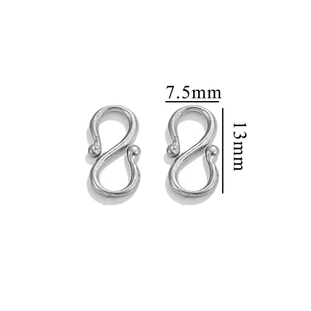 Two silver S-shaped hook clasps with 7.5mm by 13mm measurements on a white background.
