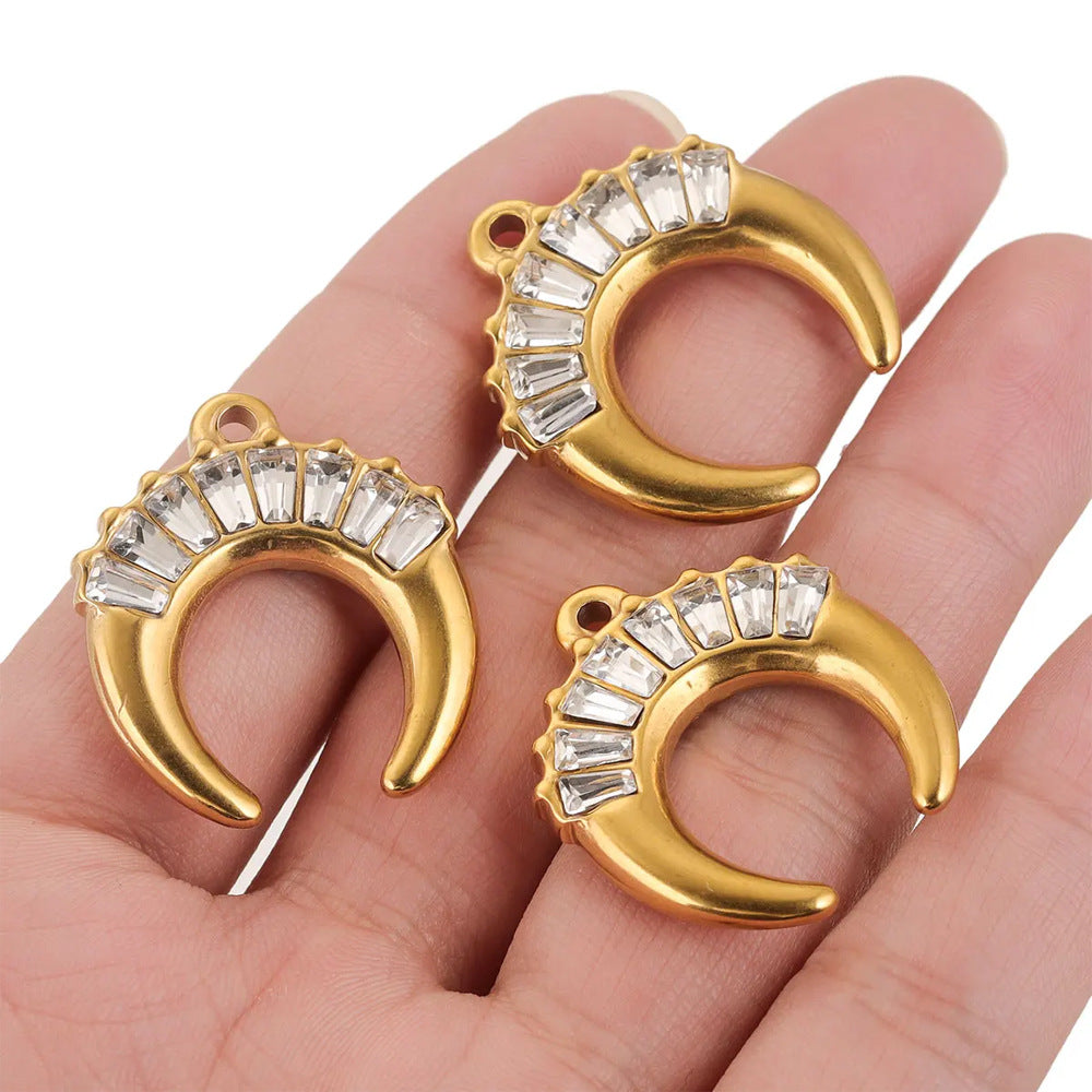 18K Gold-Plated Stainless Steel Zircon Crescent Moon Pendant 2pcs