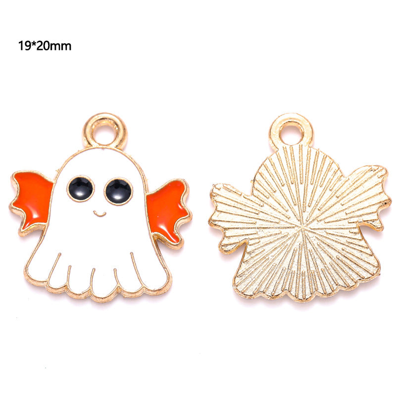 Two small ghost-shaped charms with white body and orange wings, front and back, 19 by 20mm