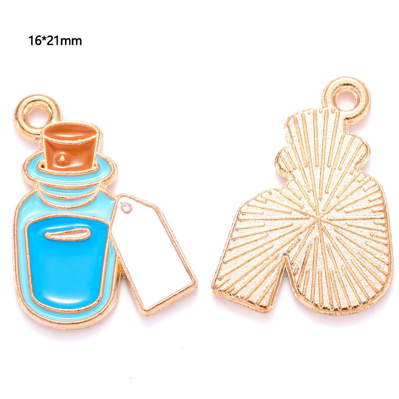 Two gold-tone potion bottle charms with blue enamel, front and back, 16 by 21mm
