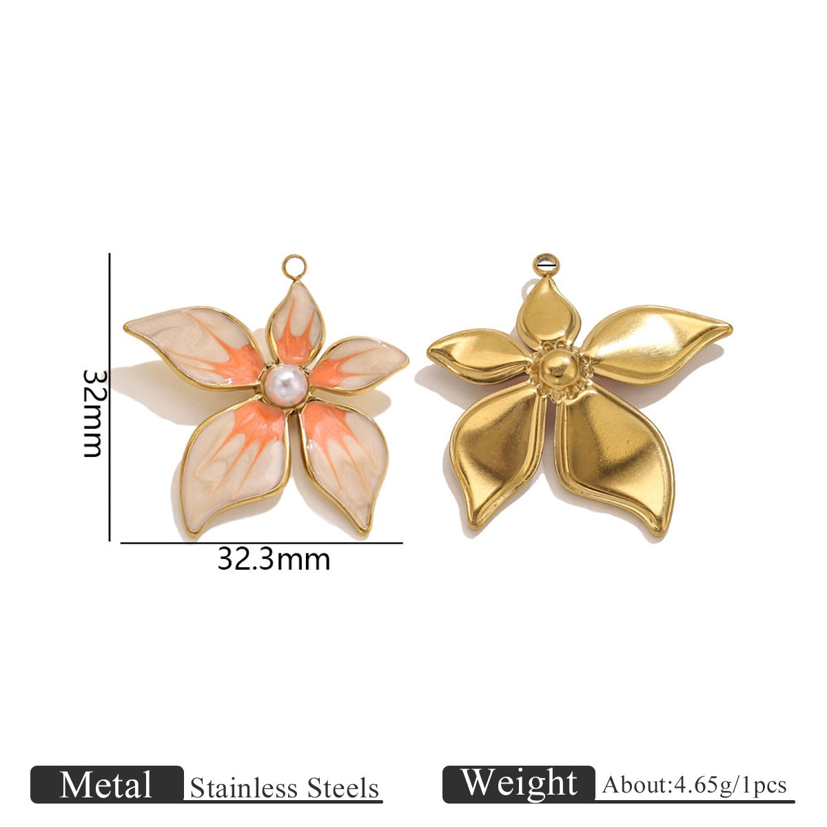 Two gold-toned flower pendant charms, one with pink enamel petals and pearl center, 32mm by 32.3mm