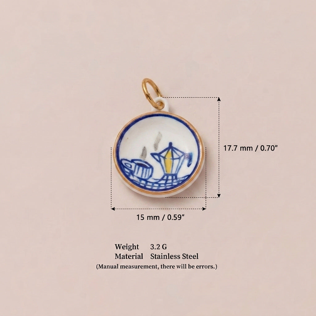 Round pendant charm with blue and white teapot design, shown with size measurements.