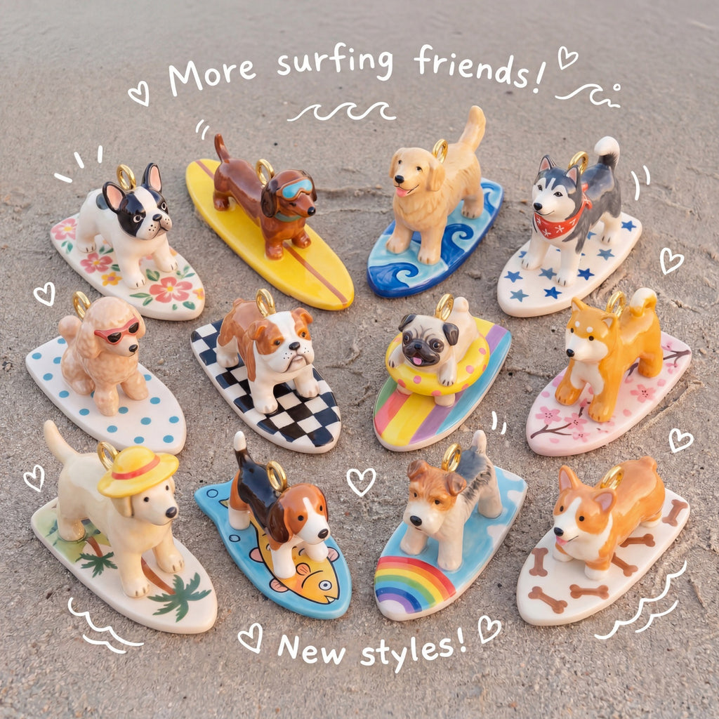 18K Gold-Plated Seaside Surfing Dog Pendant Charms
