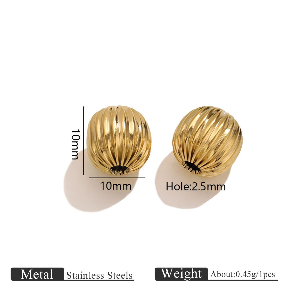 18K Gold-Plated Stainless Steel Ribbed Teardrop Spacer Beads 10pcs