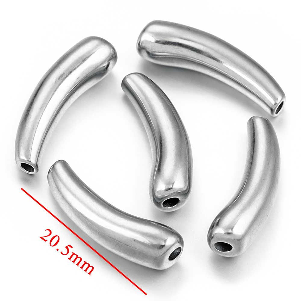 Five silver curved tube beads with drilled holes, 20.5mm size chart on white background