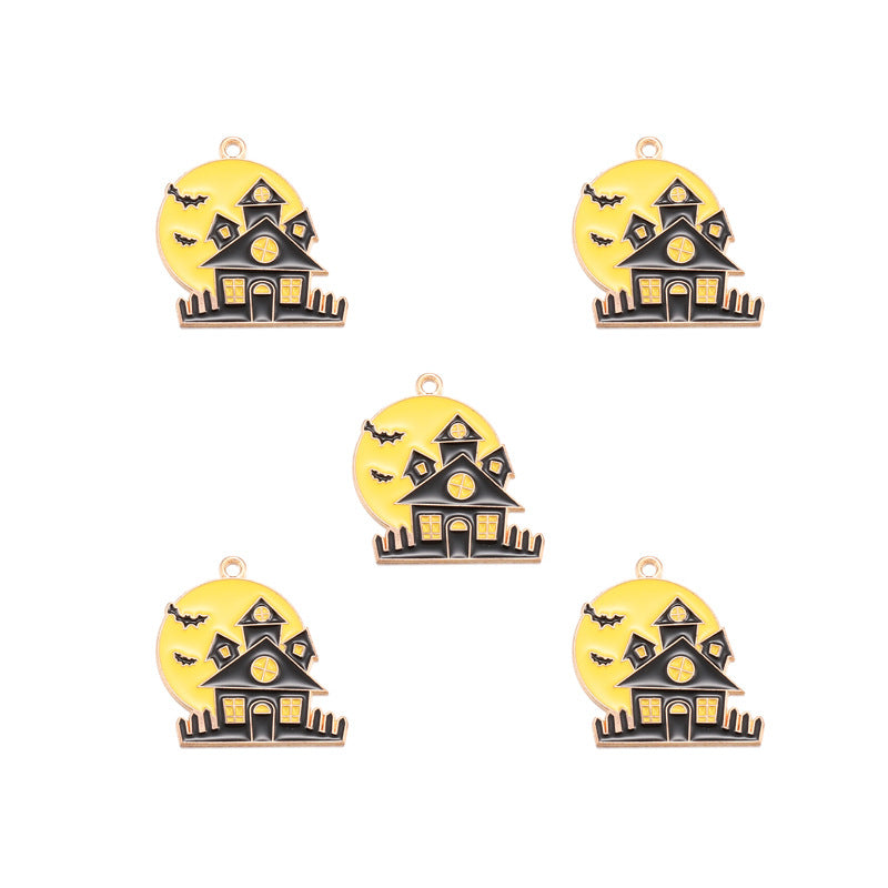 Five identical Halloween-themed enamel charms shaped like a haunted house in front of a yellow full moon, shown on a plain white background.