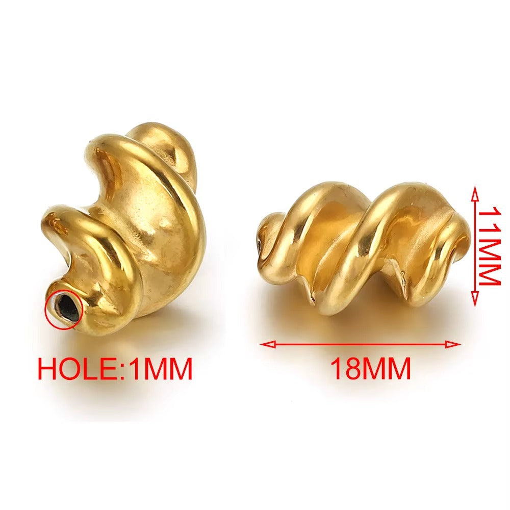 Gold twisted spiral spacer beads with size labels, 11mm by 18mm