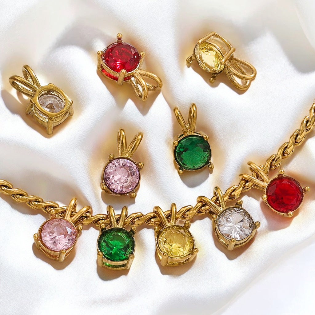 18K Gold-Plated Stainless Steel Round Birthstone Crystal Pendant Charms