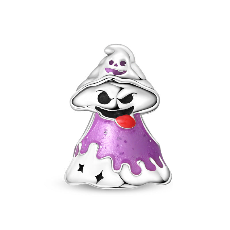 Silver-plated ghost charm with purple dripping enamel, red tongue, black stars, and skull hat