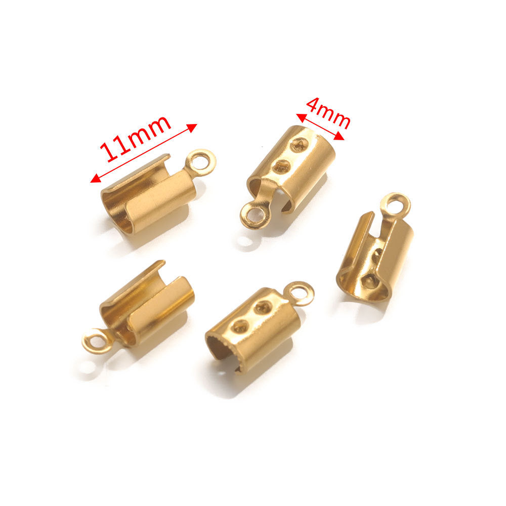 Five gold-tone barrel cord-end connectors with loop ends on white, annotated with 11mm and 4mm dimensions