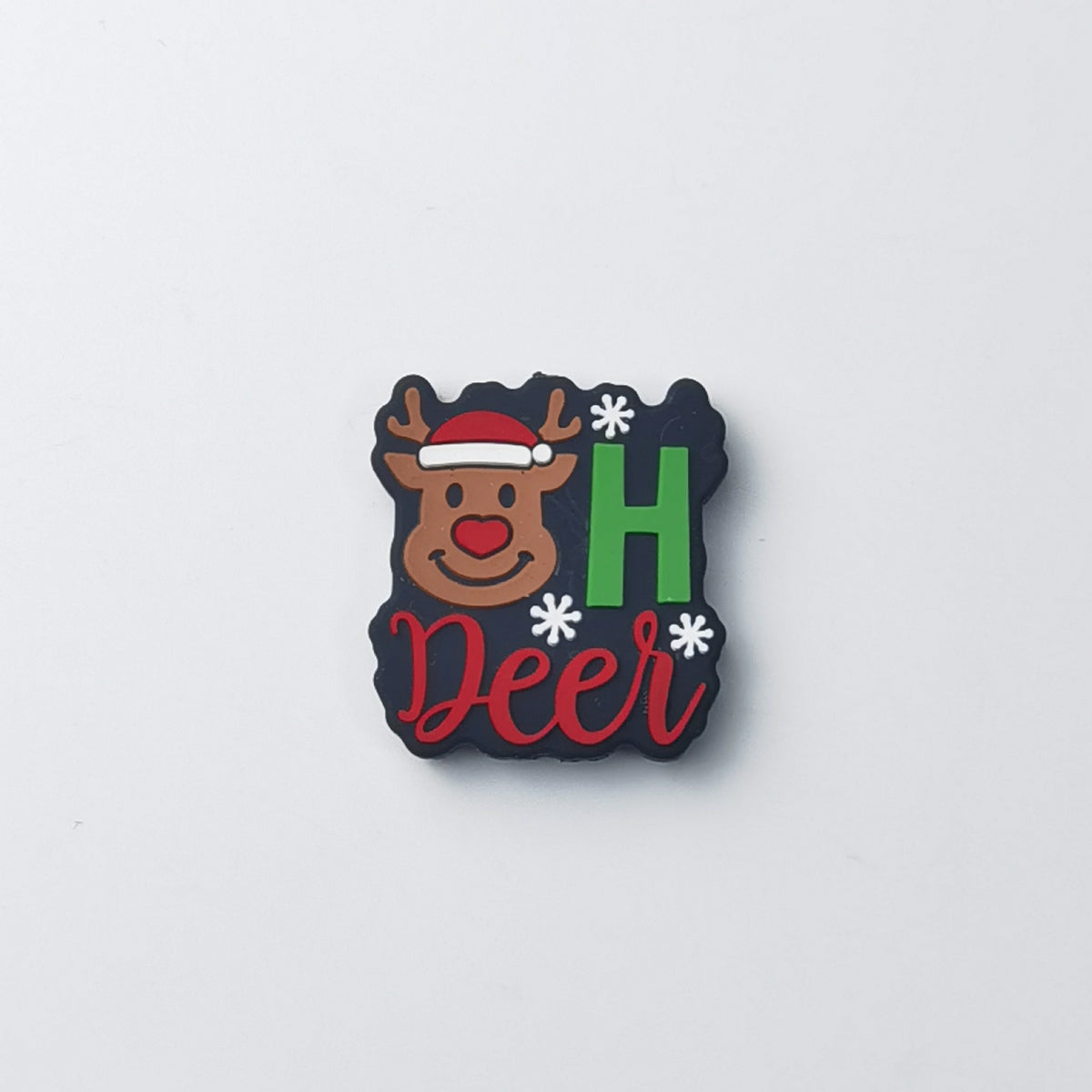 Christmas silicone focal bead featuring a cartoon reindeer in a Santa hat with red 'Oh Deer' lettering