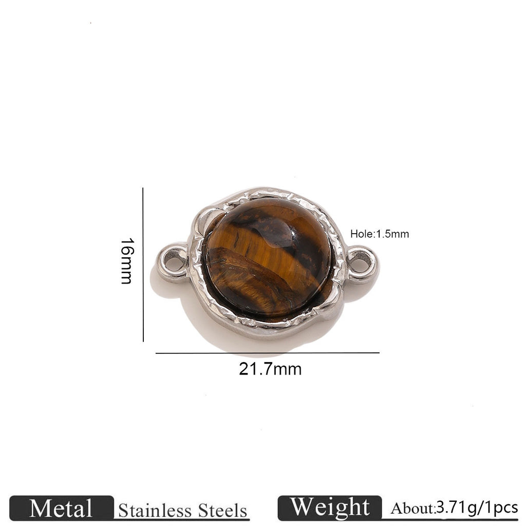 Silver-tone round tiger's eye double-hole connector with dimension lines, 21.7mm wide 16mm high, on white background