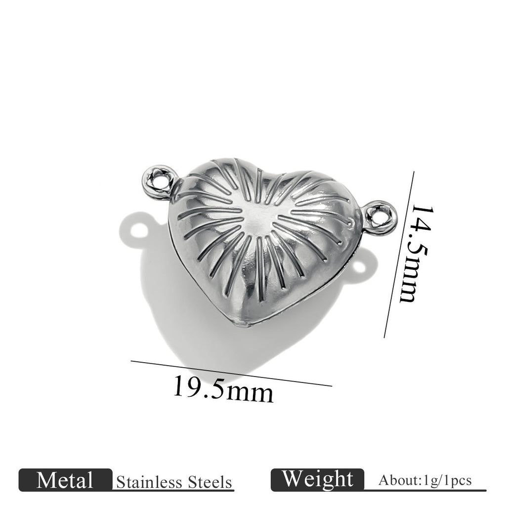 Stainless steel double-hole hollow love heart connector charm with size dimensions on white background