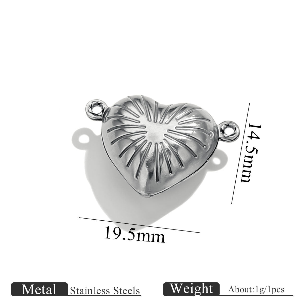 Stainless steel double-hole hollow love heart connector charm with size dimensions on white background