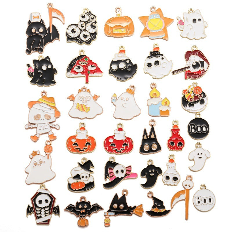 A set of 30 Halloween-themed enamel charms with gold-tone borders, arranged in a grid on a plain white background. The designs include various ghosts, pumpkins, bats, skeletons, witches' hats, and spooky characters.