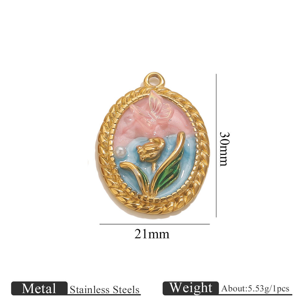 Stainless Steel Enamel Floral Faux Pearl Pendant Charm