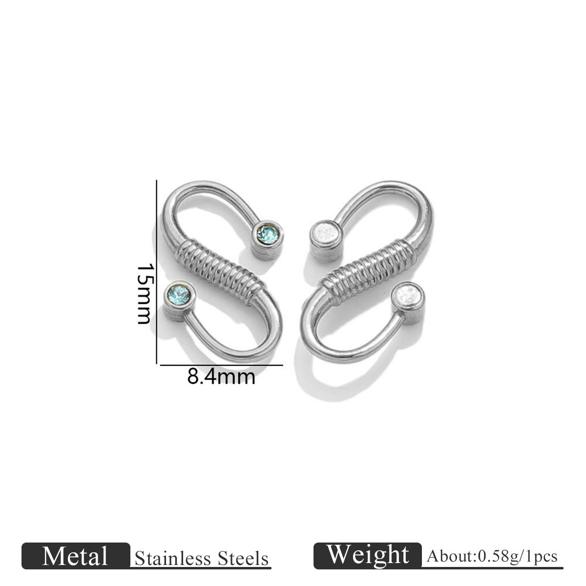 Two silver stainless steel S-hook clasps with light blue and white stones, 15mm by 8.4mm dimensions