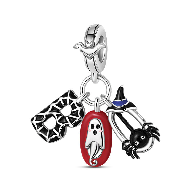 Silver-plated triple dangle charm with spiderweb mask, white ghost on red oval, and spider with witch hat