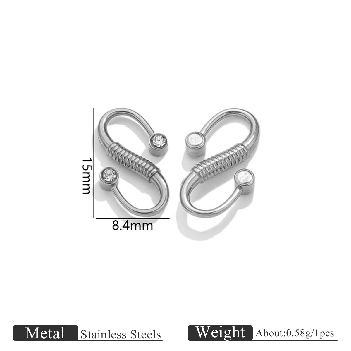 Two silver stainless steel S-hook clasps with clear stones, 15mm by 8.4mm dimensions