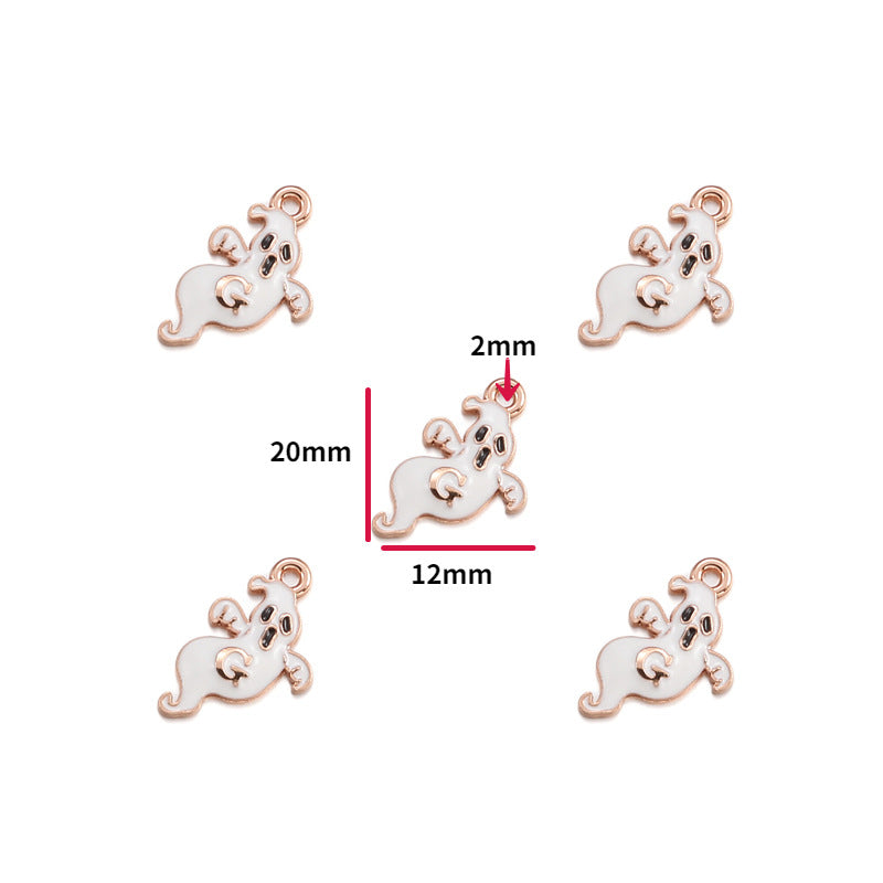 Five small ghost-shaped jewelry charms in rose gold and white enamel are shown on a white background, with one central charm annotated with dimensions: 20mm height, 12mm width, and a 2mm top loop.