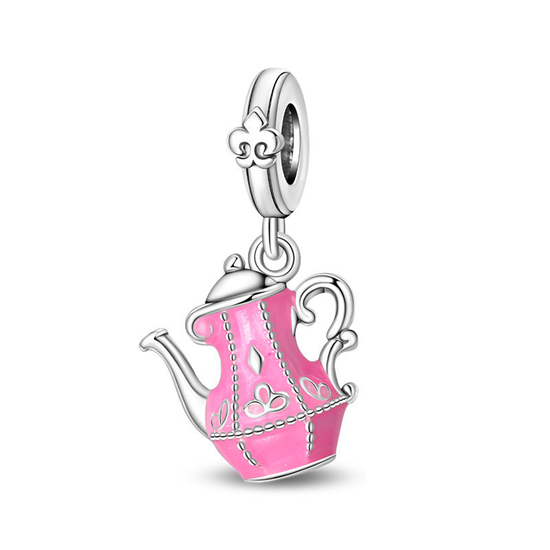 Silver-plated pink enamel teapot dangle charm with white heart and dot patterns