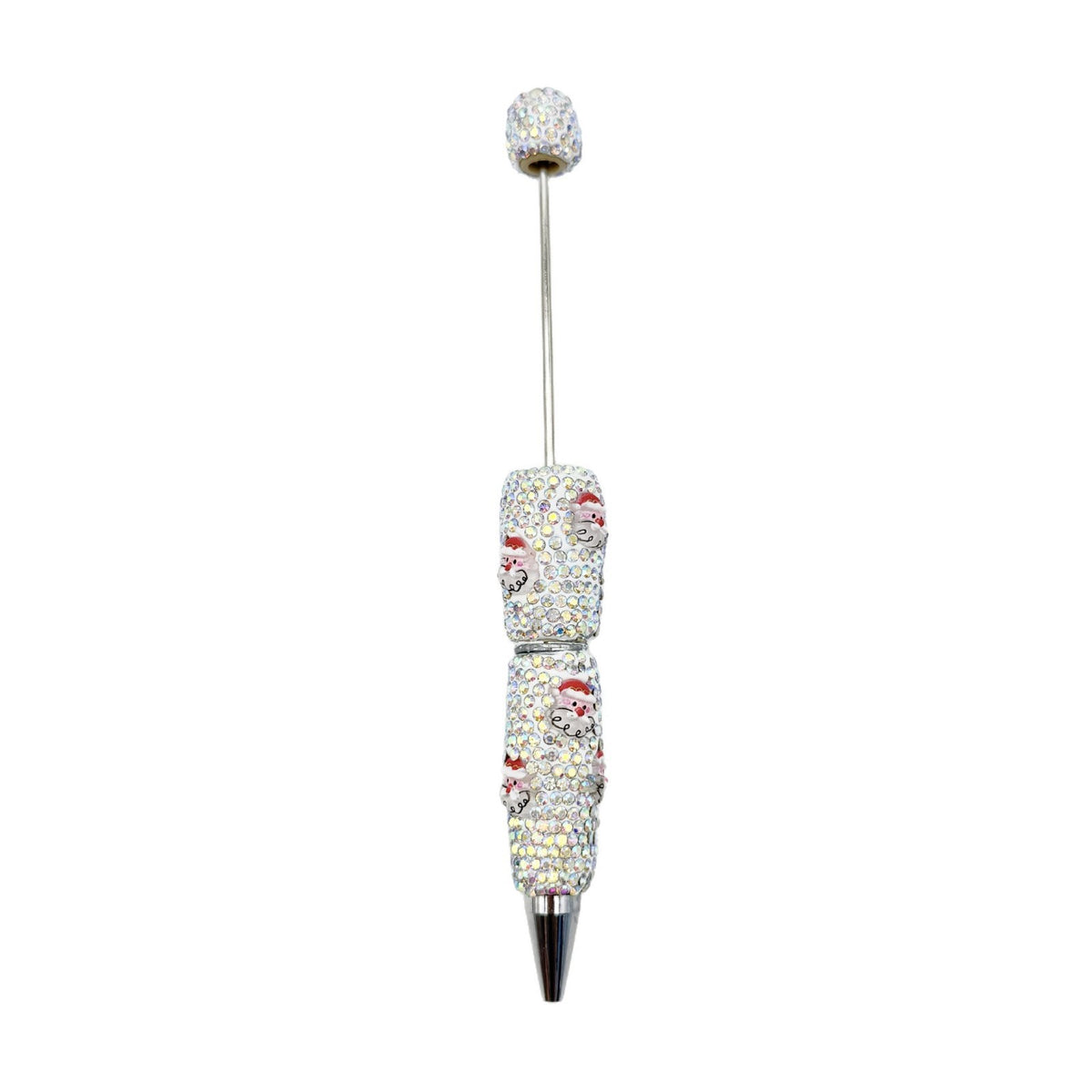 White rhinestone beadable ballpoint pen with red Santa patterns.