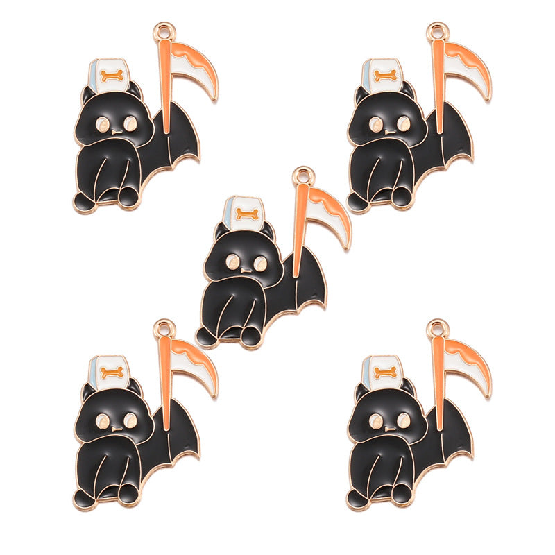Five identical black bat enamel pins with gold-tone outlines, each holding an orange scythe and wearing a white nurse hat with a bone-shaped bandage, arranged on a plain white background.
