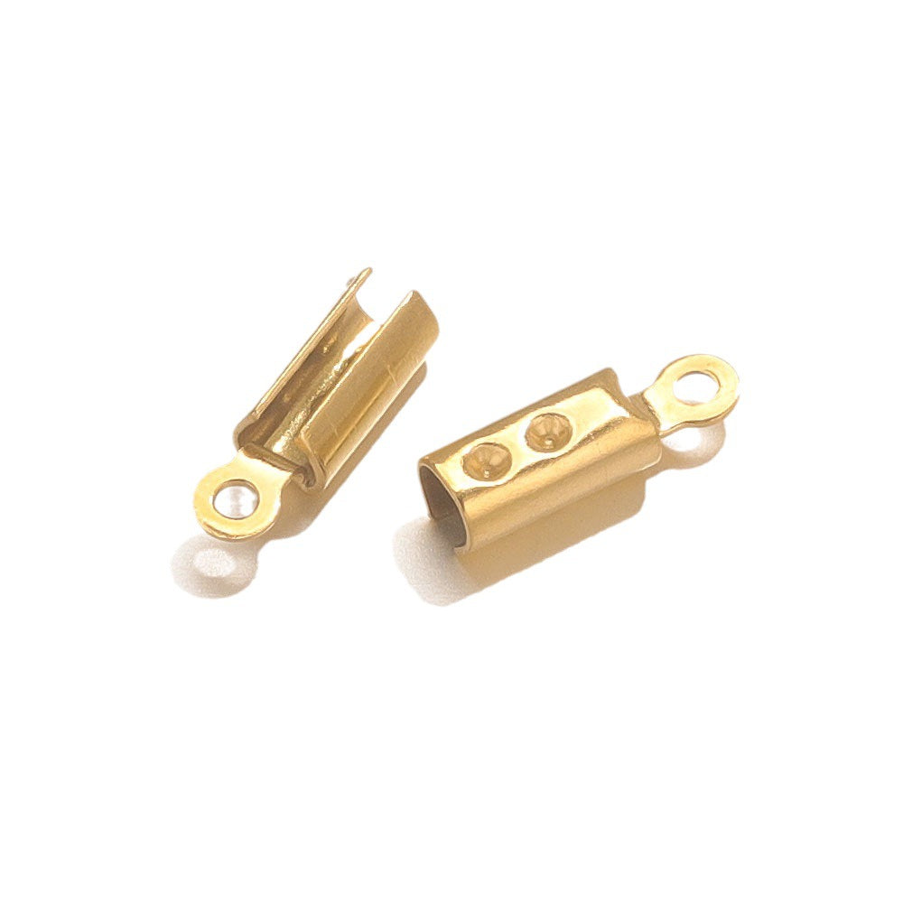 Two gold-tone barrel cord-end connectors with loop ends on a plain white background