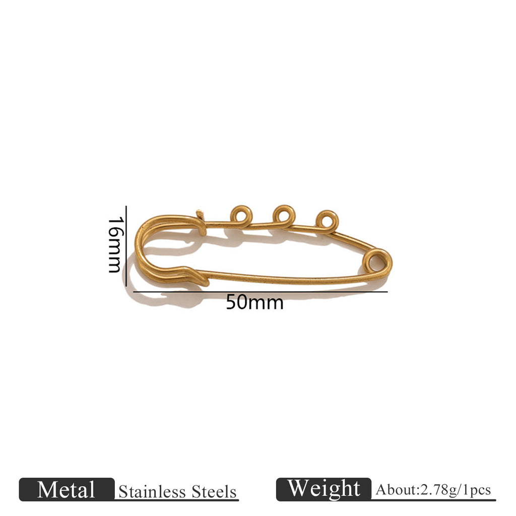 Gold-colored stainless steel safety pin with 50mm length and 16mm height markings on a white background