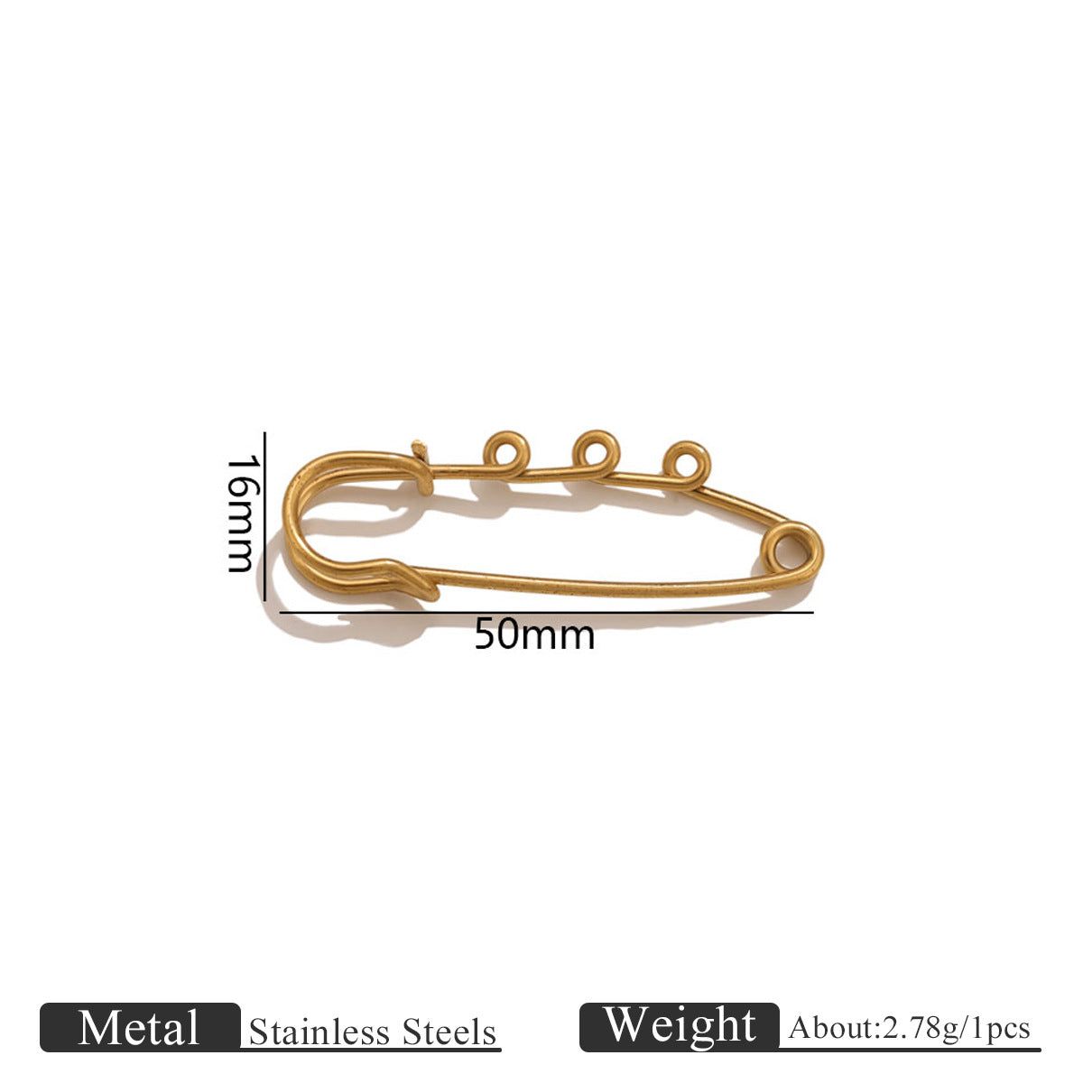 Gold-colored stainless steel safety pin with 50mm length and 16mm height markings on a white background
