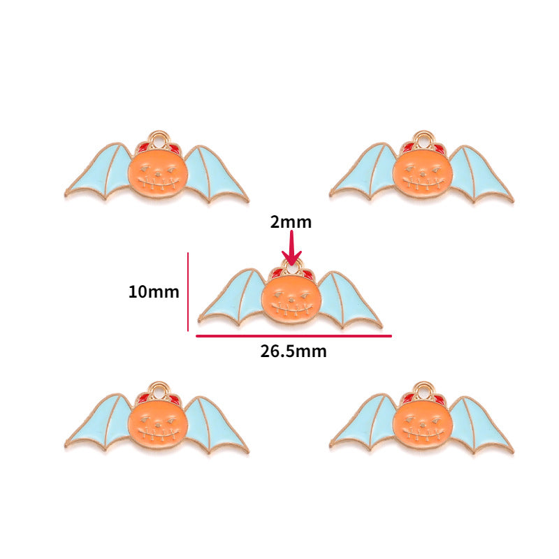Five bat charms with light blue wings and orange pumpkin faces, 10mm by 26.5mm