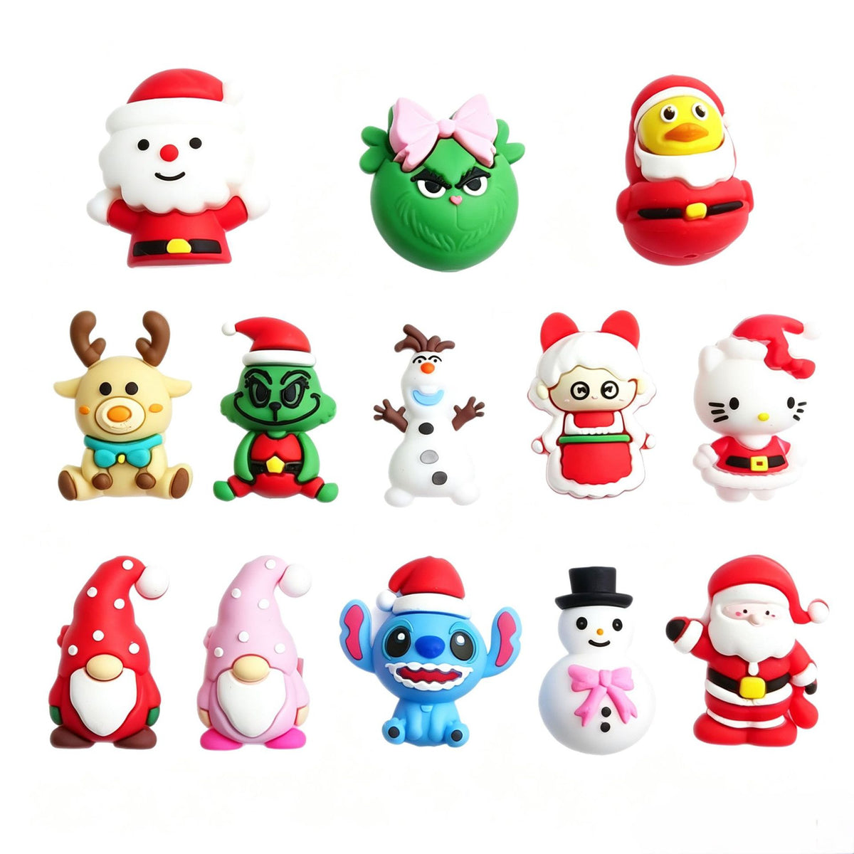Twelve Christmas silicone focal beads: Santa, Grinch, reindeer, snowman, gnomes, Hello Kitty and Stitch in a grid