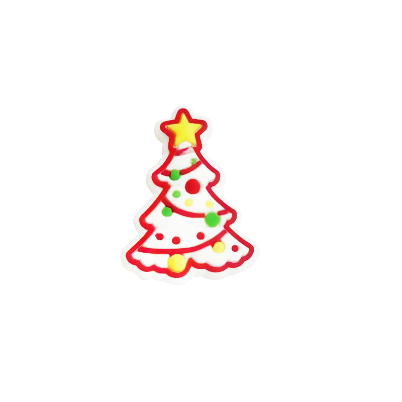 Christmas tree silicone focal bead with white fill, red outline, polka dots, and a yellow star.