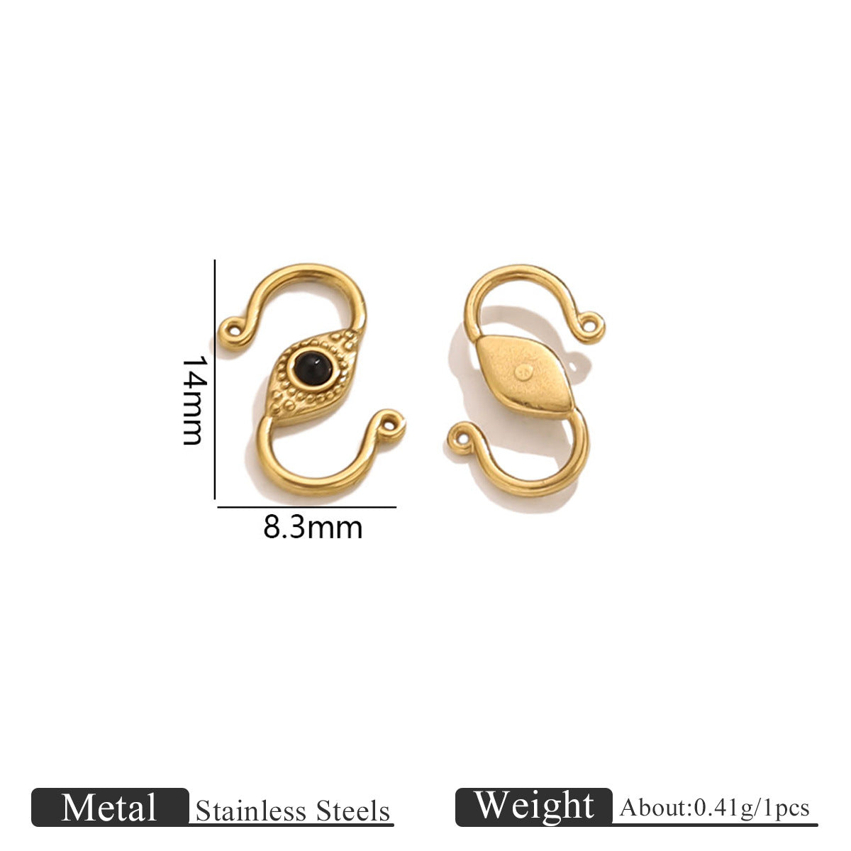 Gold stainless steel S-hook jewelry clasps, front and back views, with 14mm by 8.3mm dimension markings
