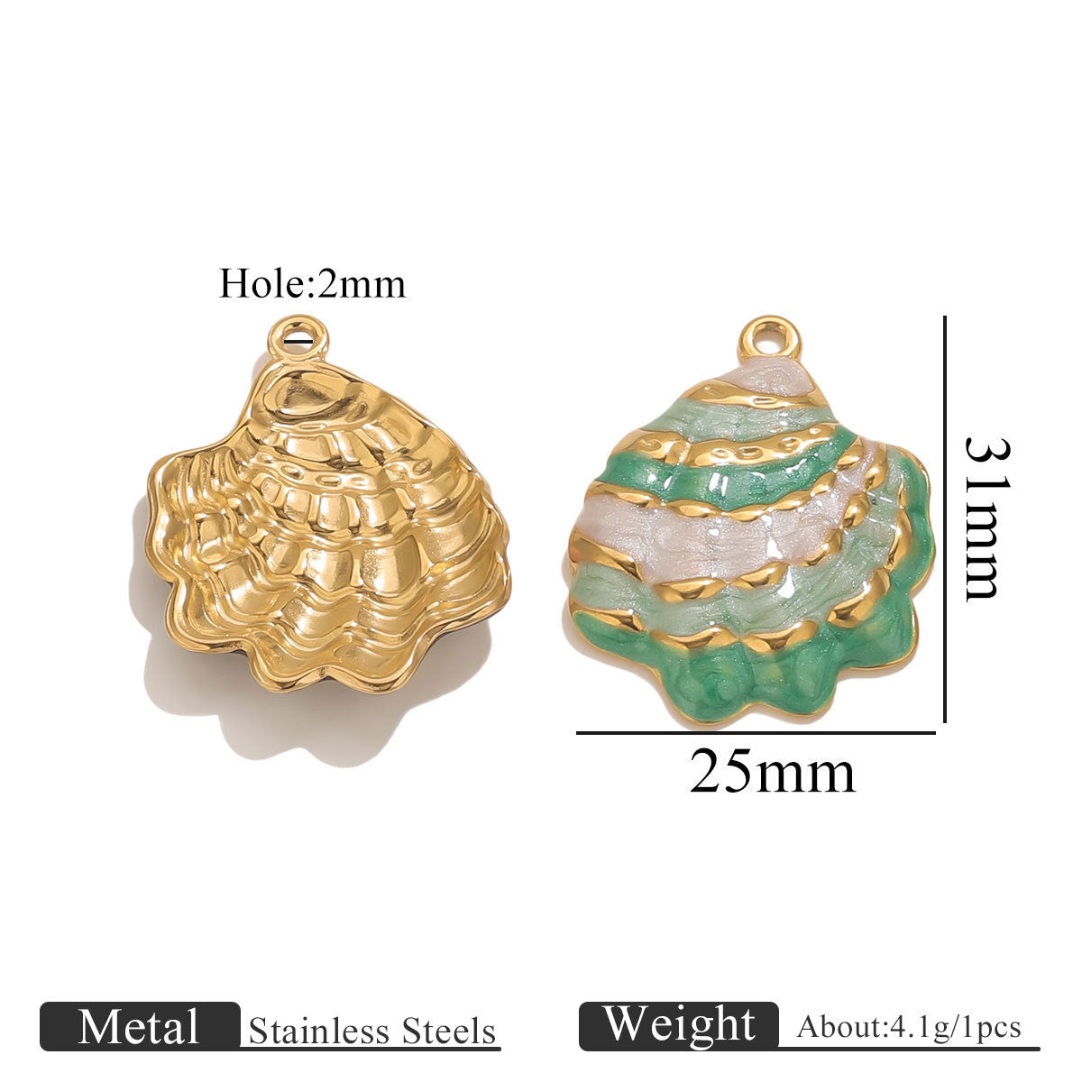 18K Gold-Plated Stainless Steel Enamel Seashell Pendant Charm 2pcs