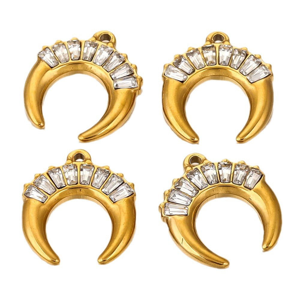18K Gold-Plated Stainless Steel Zircon Crescent Moon Pendant 2pcs