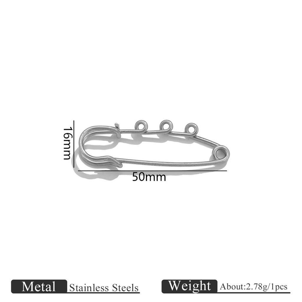 Stainless steel safety pin with measurements on a white background