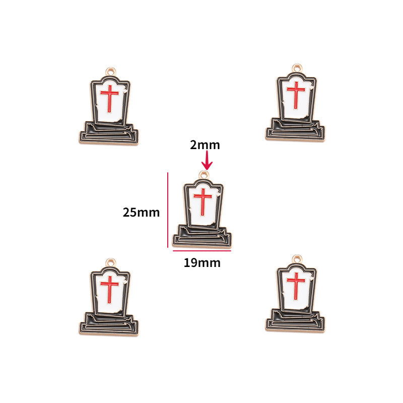Five tombstone enamel charms with red crosses and gold-tone borders, 25mm by 19mm size shown