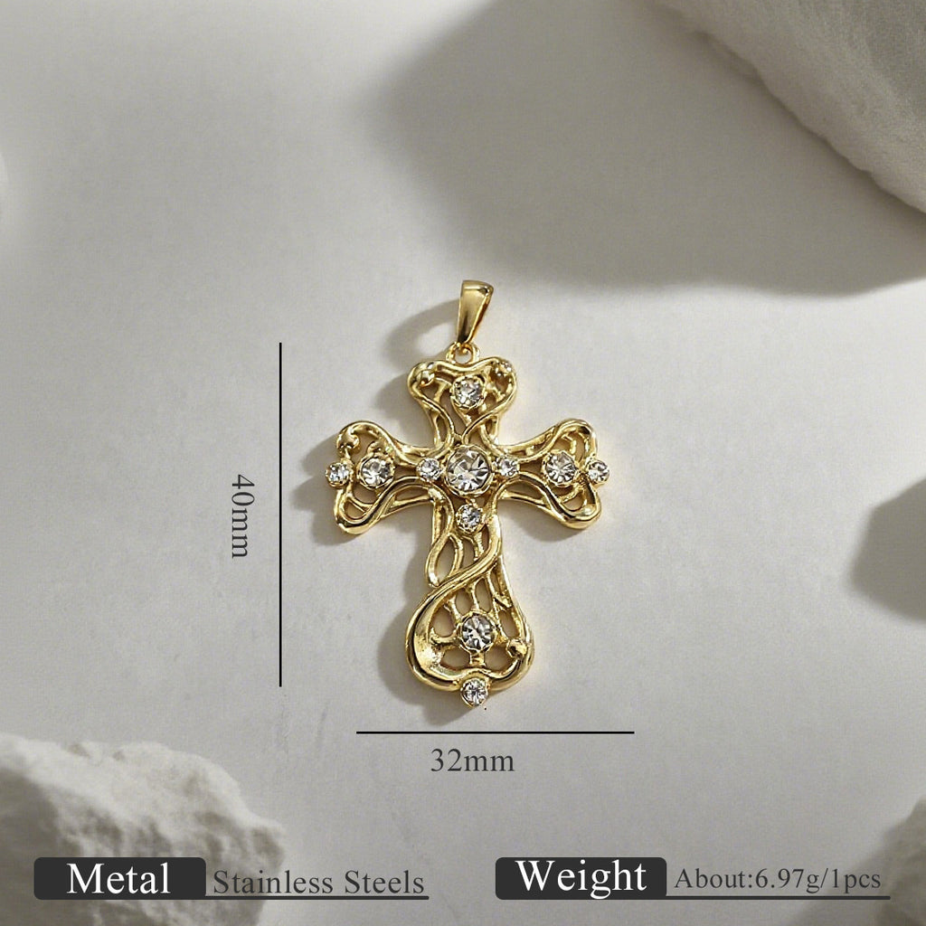 Gold cross pendant with clear rhinestones and dimension lines showing 40mm height and 32mm width