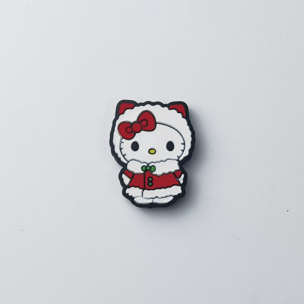 Hello Kitty silicone focal bead in red winter coat with white fur trim, red bow and green neck bow