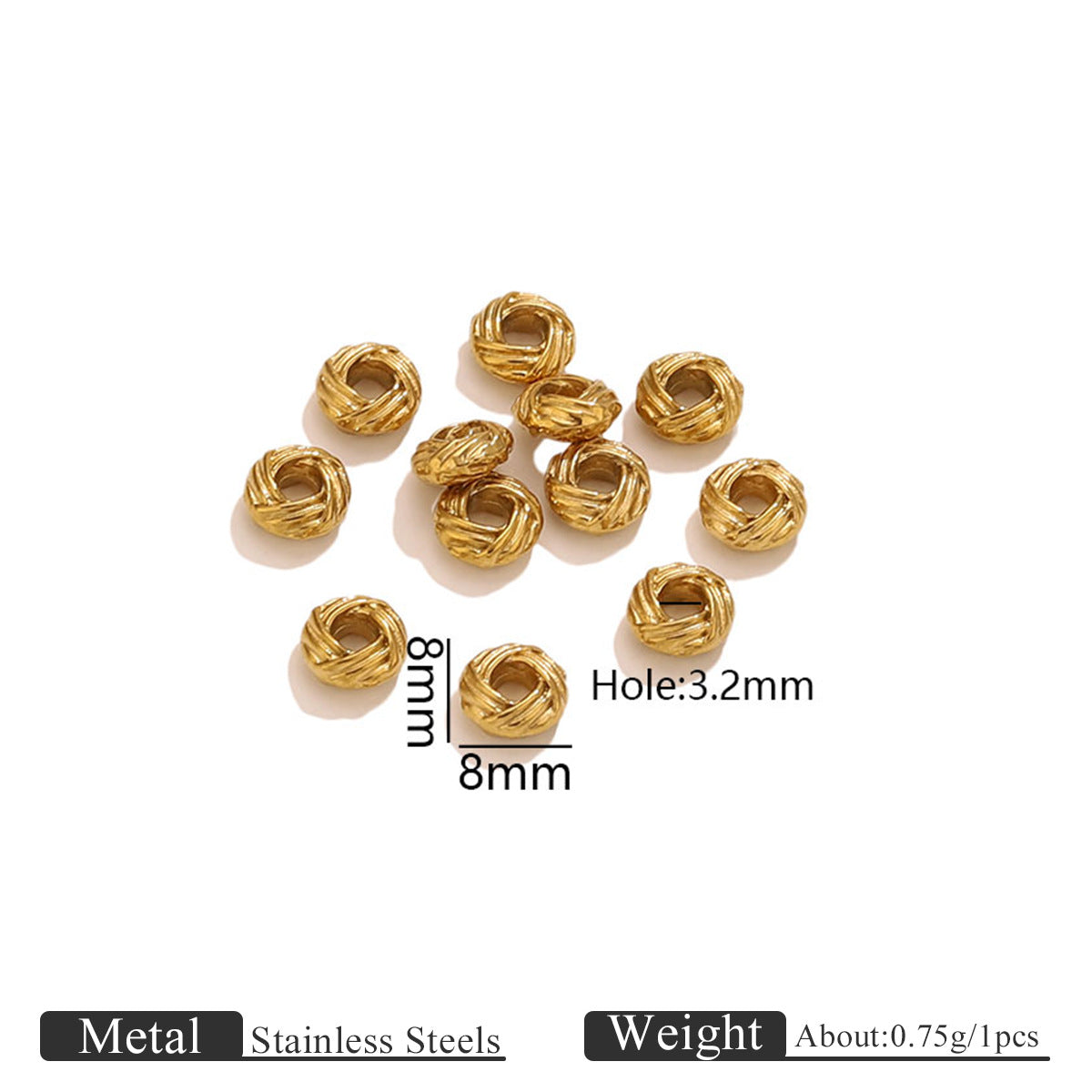 Gold-tone twisted bird's nest beads with dimension markings showing 8mm diameter