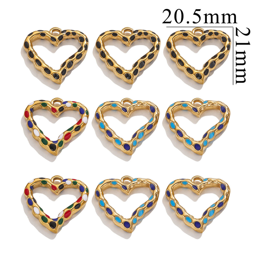 Stainless Steel Spotted Enamel Heart Pendant Charms 5pcs